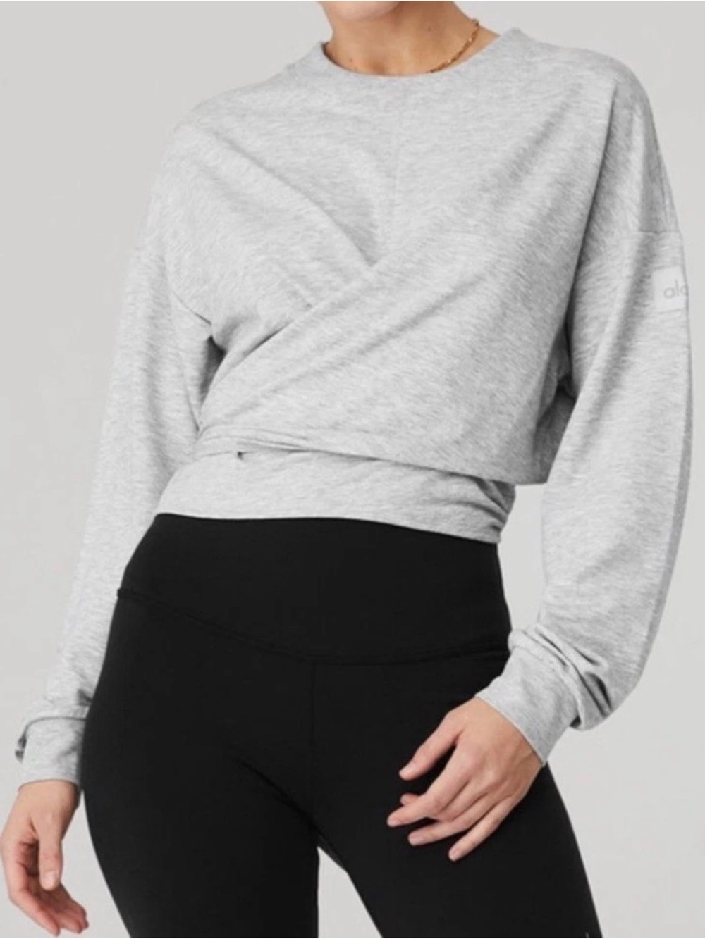 Alo Yoga Dreamy Wrap Pullover Top Gray Tie Front Cropped Sweatshirt Size Medium